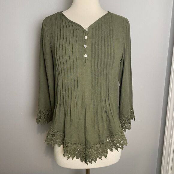 Westport Olive Green Pintuck Blouse with Lace Trim - Size XS - Picture 1 of 8